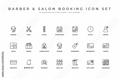 Barber and salon booking set featuring twenty outline symbols for scheduling appointments, stylist services, and customer loyalty