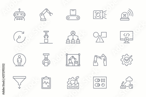 Industrial automation and robotics thin line set featuring robotic arms, factory systems, data processing, and mechanical engineering