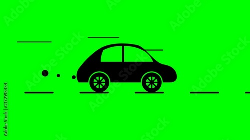 Animated black car driving fast on green screen background
