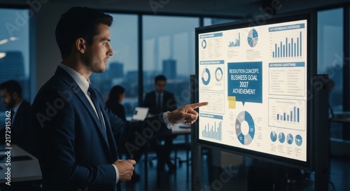 Businessman Analyzing Data on Interactive Screen in Modern Office.