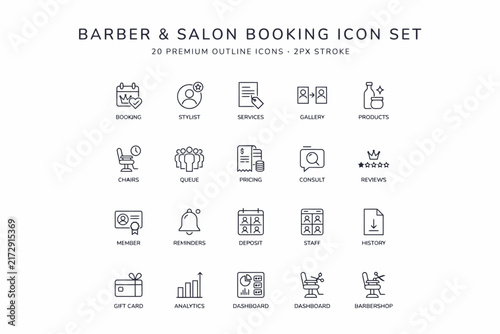 Barber and salon booking set featuring twenty outline symbols for scheduling appointments, stylist services, and customer loyalty