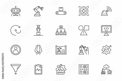 Industrial automation and robotics thin line set featuring robotic arms, factory systems, data processing, and mechanical engineering