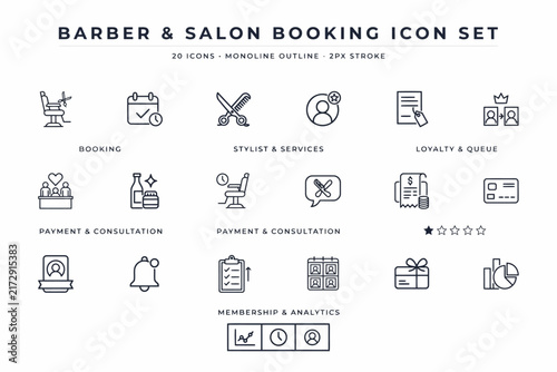 Barber and salon booking set featuring twenty outline symbols for scheduling appointments, stylist services, and customer loyalty