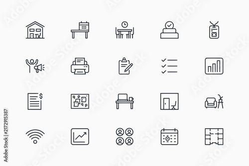 A set of twenty thin line representing office work, workspace organization, business meetings, and corporate environment management