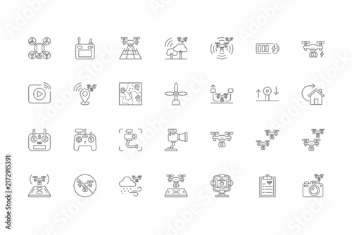 Drone technology and aerial set featuring quadcopters, remote controllers, flight paths, and mapping equipment symbols