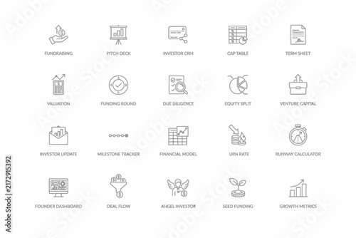 A collection of twenty thin line representing startup business concepts, venture capital, financial growth, and investment processes