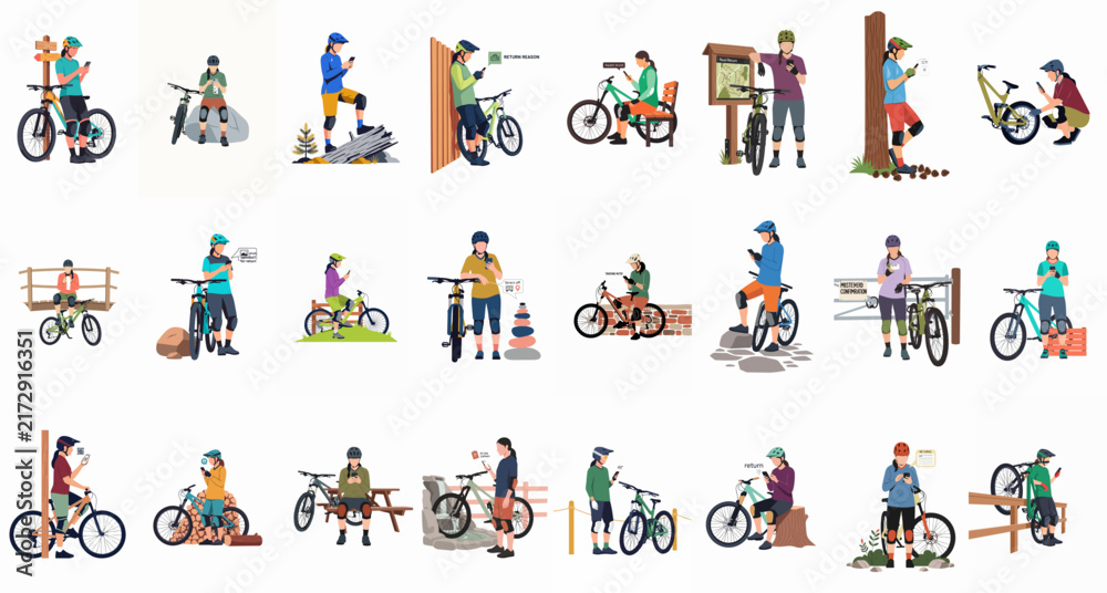 Naklejka premium Flat vector collection of various people with mountain bikes and smartphones in different outdoor scenarios, isolated on white background.