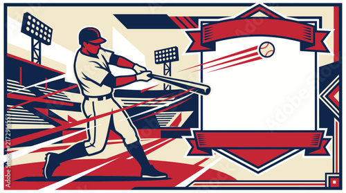 Retro Baseball Player Hitting Ball Vintage Poster Design Background with Copy Space for a Banner Template