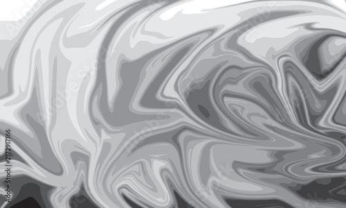 Abstract liquid swirl pattern in shades of grey, white, and black fluid marble texture background