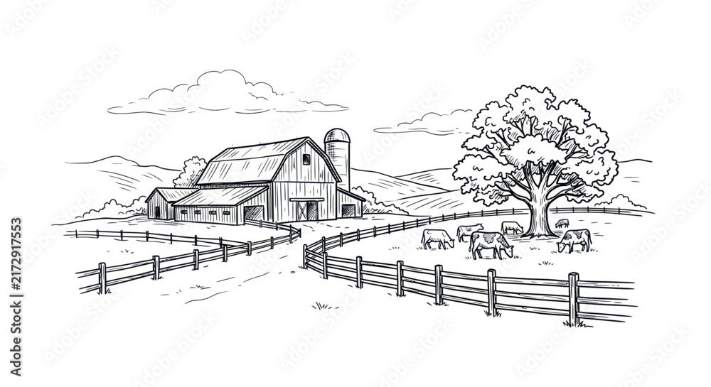 Fototapeta premium Rustic Farm Scene with Barn, Silo, and Grazing Livestock.