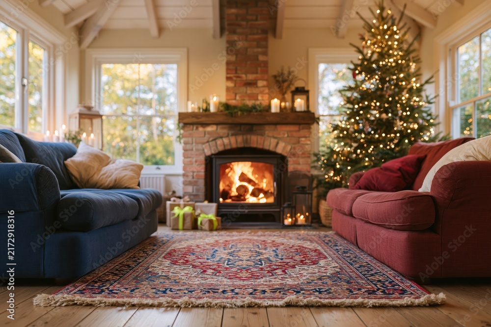 Naklejka premium Cozy family room with a burning brick fireplace and decorated Christmas tree, featuring soft sofas and warm ambient lighting for holiday celebrations