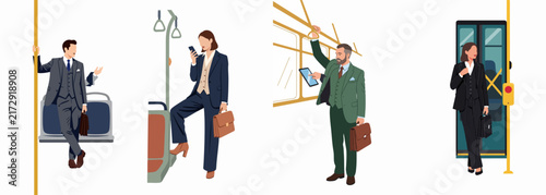 Flat illustration of professional men and women in business suits commuting on public transport like buses and trains with briefcases and mobile devices.