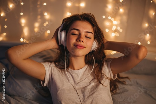 Relaxed woman resting peacefully beneath warm glowing lights
