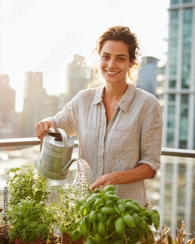 Smiling woman pouring morning coffee on sunny city balcony