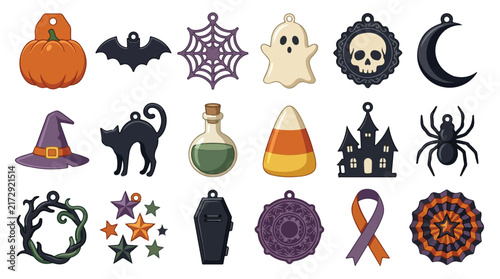 Premium Halloween charm vector icons, spooky holiday pendant collection, 18 decorative autumn ornaments, flat cartoon occult symbols isolated on White Background Halloween