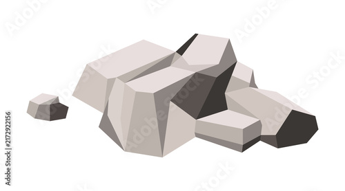 Heap of angular polygonal rocks, geometric low poly boulders with big stones and sharp faceted surfaces, heavy pile of rubble stones rocky formation flat illustration isolated on background.
