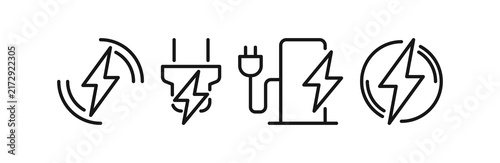 Wireless charging icon set, signal wave with lightning bolt, plug with bolt, EV charging station and power circle for electric energy infrastructure flat illustration.
