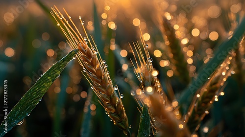 Wheat ears with dew drops at golden hour