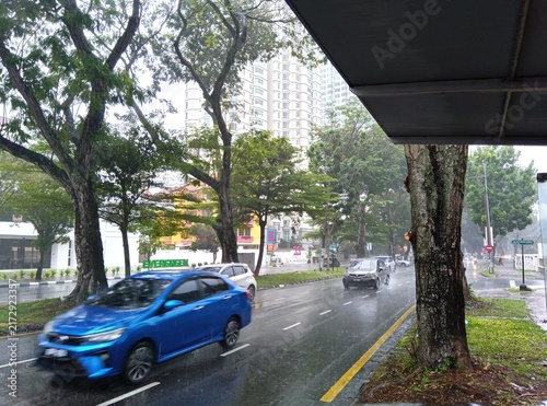 Cuadro en lienzo Heavy rain street in Gurney, Penang, Malaysia