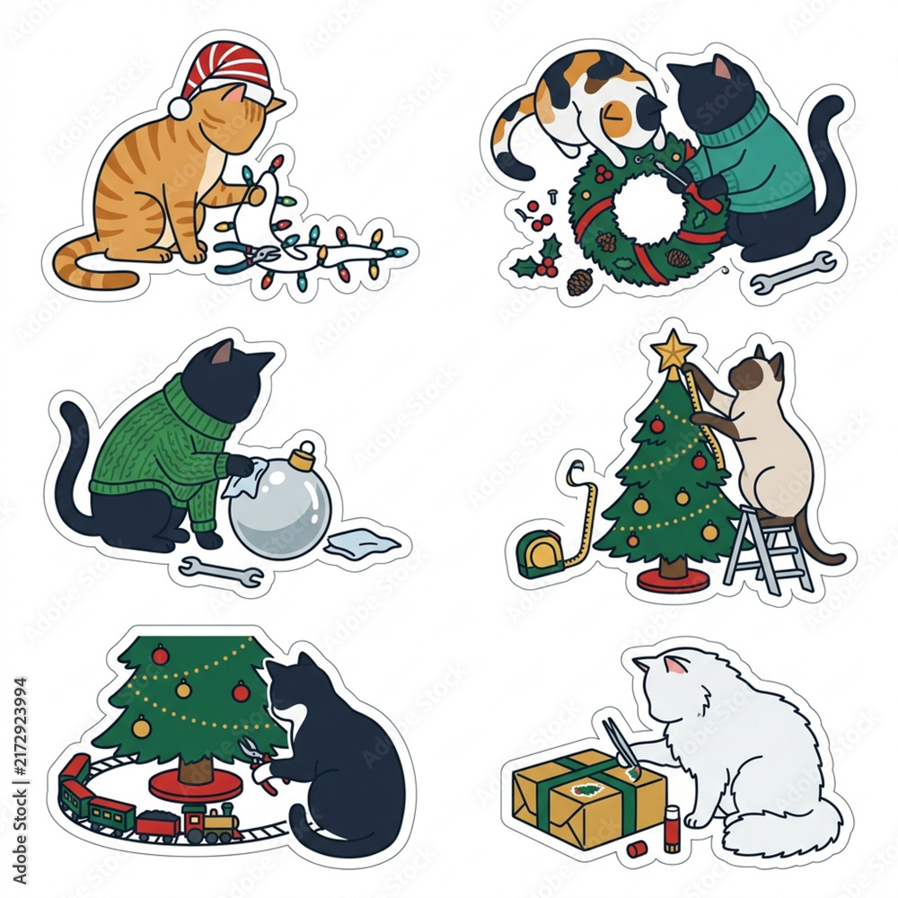Fototapeta premium Christmas Cats Maintenance and Decoration Sticker Set