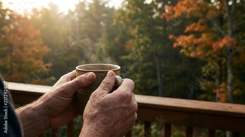 Hands Holding Warm Cup of Coffee at Sunrise with Autumn Forest Background