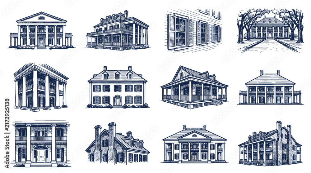 Obraz premium Collection of Hand-Drawn Southern Plantation Houses and Antebellum Mansions.