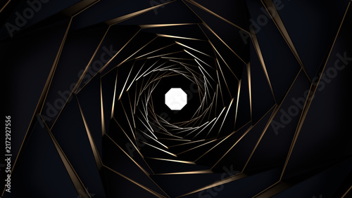 Принти на полотні Black gold polygonal spiral light and shadow tunnel composition pattern