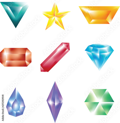 vector illustration set of a faceted gemstones and crystals isolated on a white background. variety of shapes and a polished, glossy style with subtle light reflections and gradients