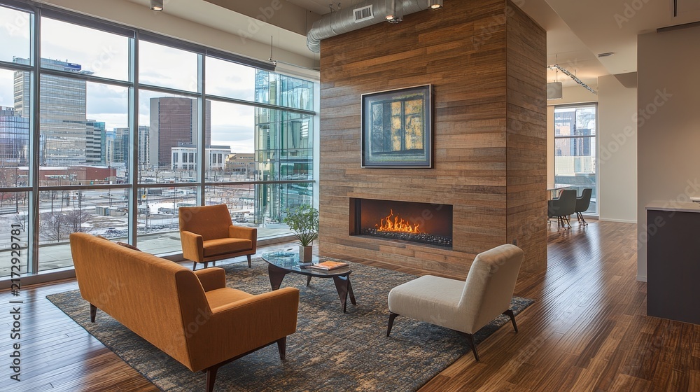 Naklejka premium Cozy modern lounge with wooden textures, city view, plush sofas, and an inviting fireplace glow