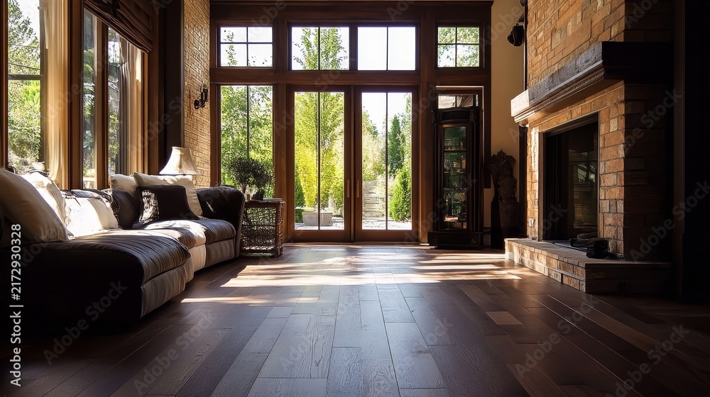 Naklejka premium Sunlit room with large windows, cozy sofa, and brick fireplace overlooking a lush garden