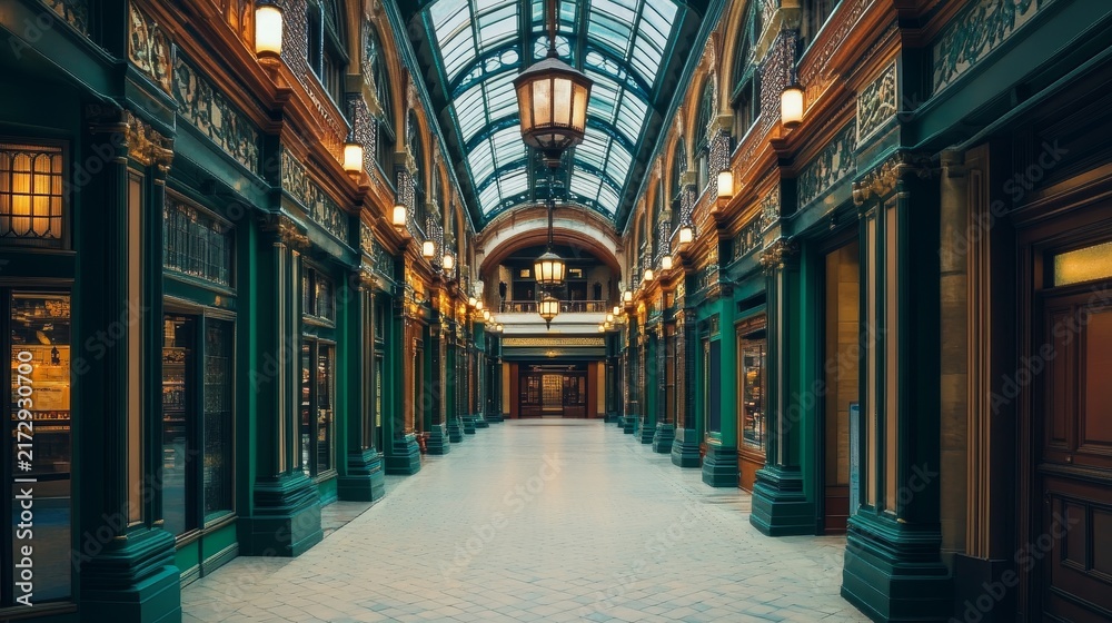 Fototapeta premium Elegant historic arcade hall with ornate details, glass ceiling, and warm lights in a tranquil setting