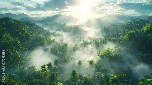 Misty Tropical Rainforest Canopy At Sunrise With Sunbeams