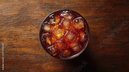 Refreshing Cola Drink With Ice Cubes In Glass Top View