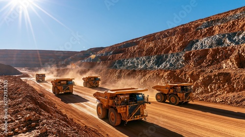 Multiple large yellow haul trucks driving on dirt road through open cut mine quarry under bright sunny blue sky showing heavy mining industry operation