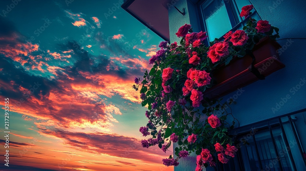 Naklejka premium Vibrant red flowers cascade over a balcony against a stunning sunset backdrop with vivid clouds