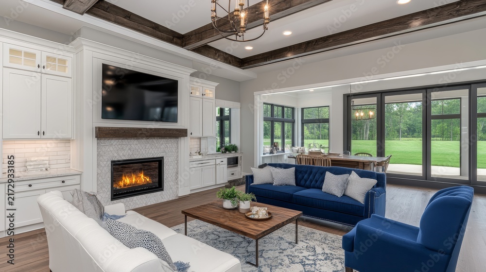 Naklejka premium Cozy living room with modern furniture, fireplace, and large windows offering lush garden views