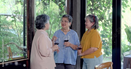 Senior asian women friends talking with wine during restaurant reunion, standing in warm social moment, sharing update, empathy, encouragement, companionship, emotional support after long time apart