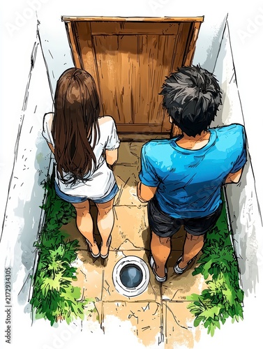 Couple Waiting at Door Illustration from Overhead Perspective