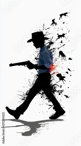 Abstract Man with Gun Silhouette, Ink Splatter and Animal Forms Illustration