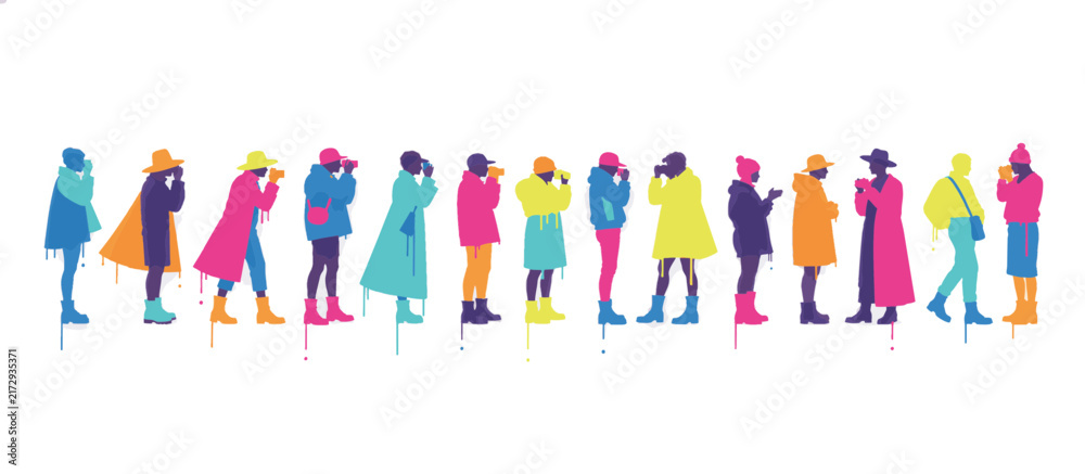 Fototapeta premium Vector illustration of people photographing fashion show in colorful outfits
