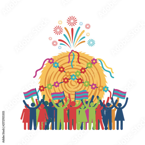 Vector illustration of decorated hay bale with fireworks and crowd