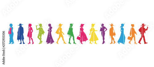 Collection of diverse fashion silhouettes in rainbow colors