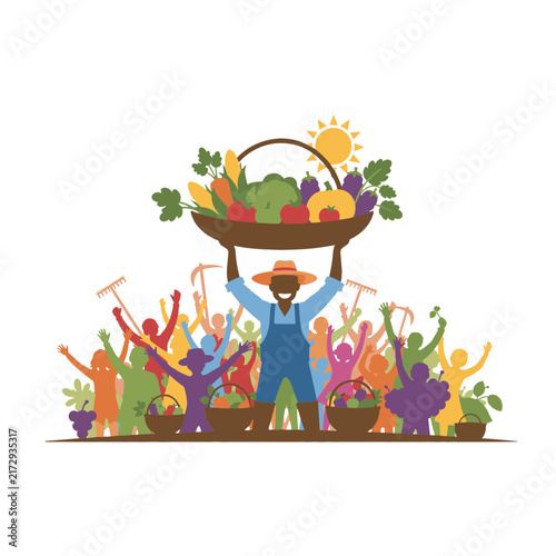 Farmer holding basket of fresh vegetables with cheering crowd vector illustration