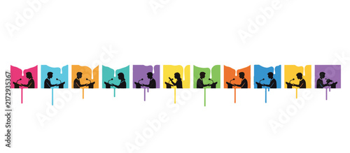 Vector illustration of people at press conference podiums in colorful booths