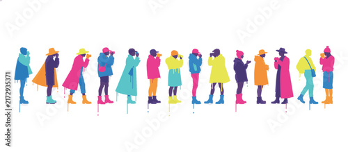 Vector illustration of people photographing fashion show in colorful outfits