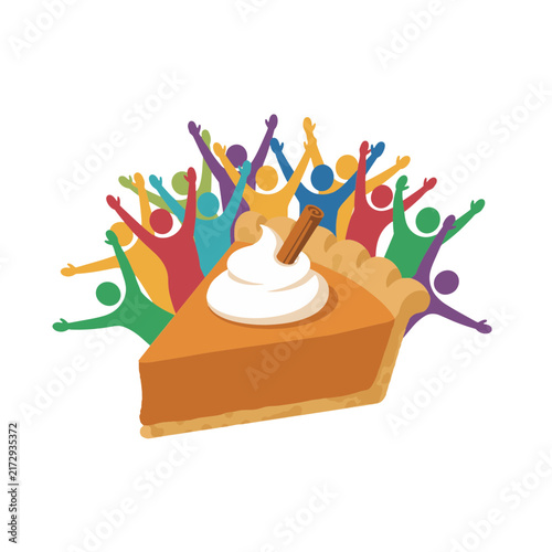 Flat vector illustration of pumpkin pie slice with whipped cream and cinnamon stick