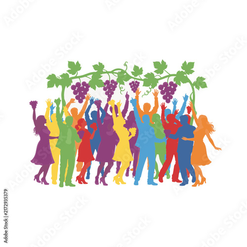 Vector illustration of people celebrating grape harvest in vineyard