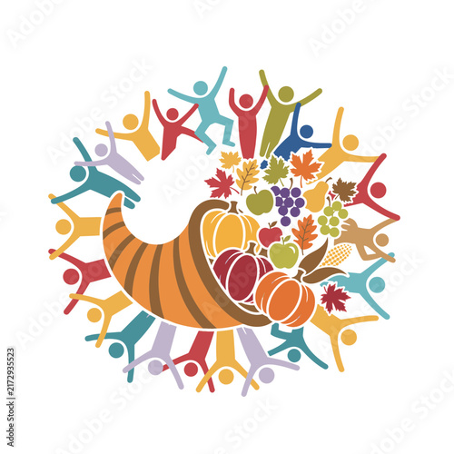 Thanksgiving cornucopia illustration with diverse people celebrating