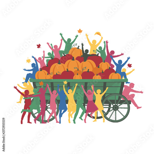 Wagon full of pumpkins with people celebrating harvest