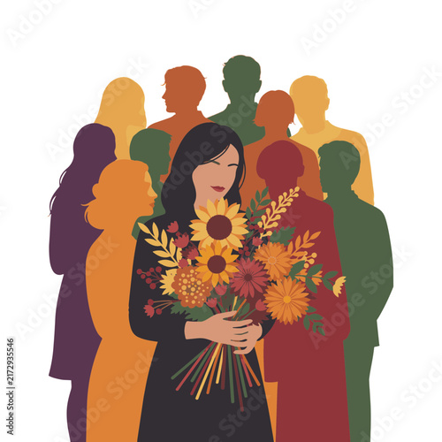 Woman holding bouquet of fall flowers with crowd behind